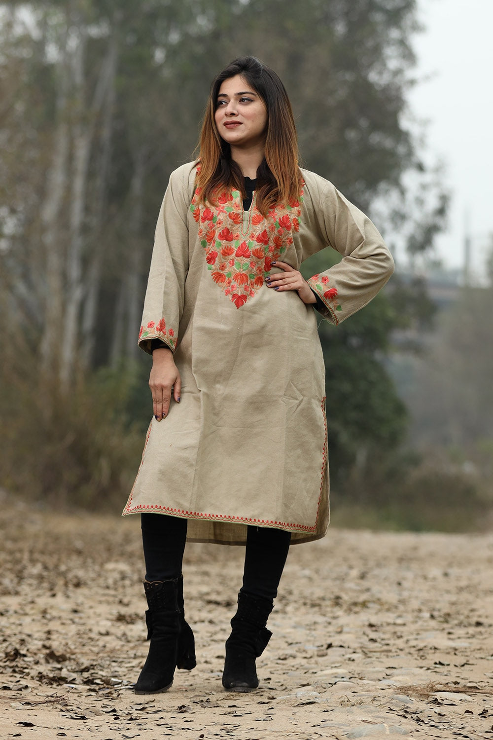 Beige Color Aari Work Embroidered Kurti With New Designer