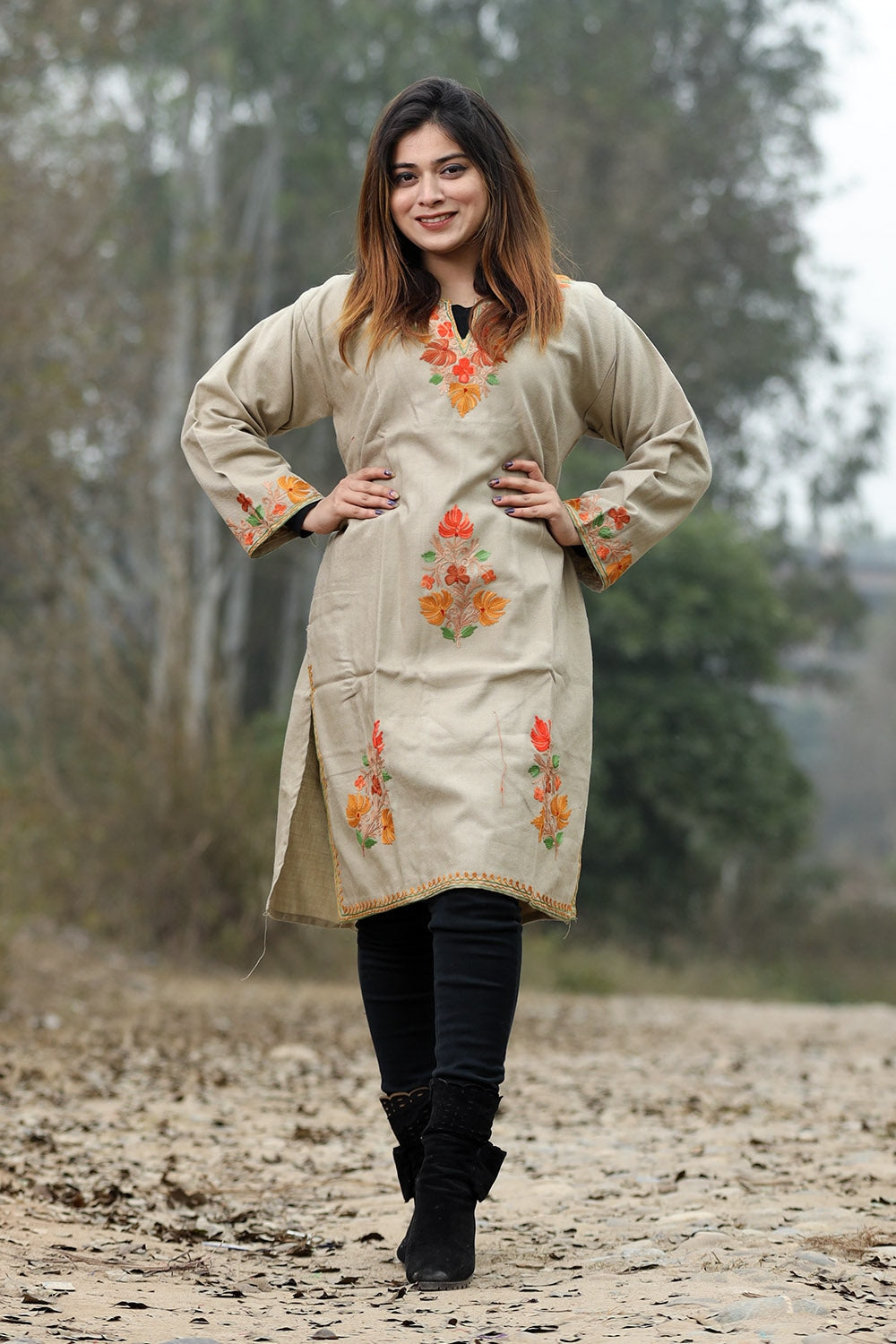 Beige Color Aari Work Embroidered Kurti With New Designer