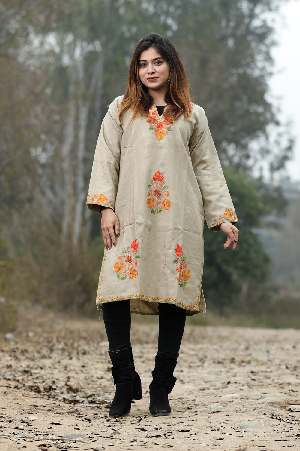 Beige Color Aari Work Embroidered Kurti With New Designer