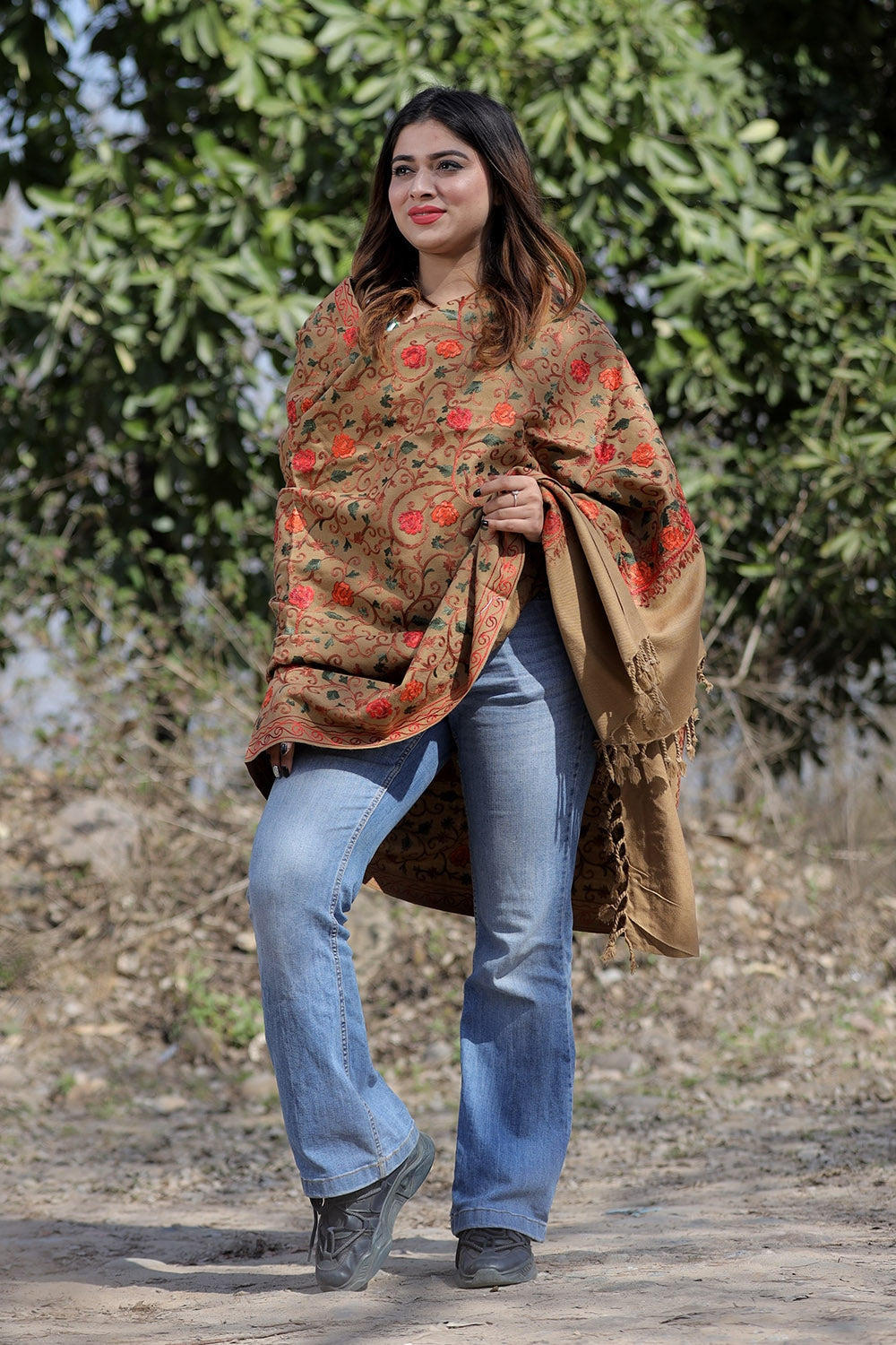 Beige Color Aari Work Embroidered Shawl Enriched