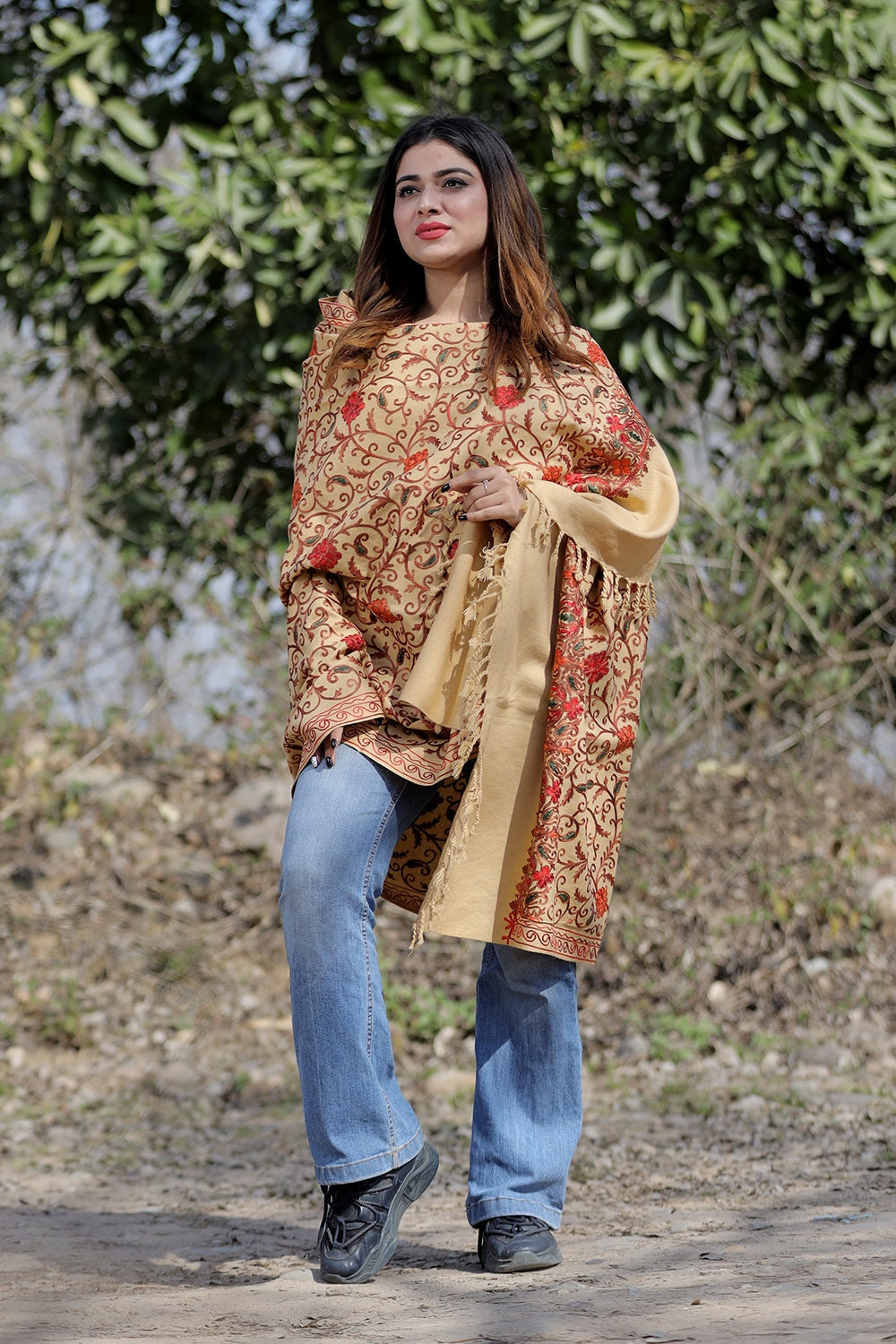 Beige Color Aari Work Embroidered Shawl Enriched