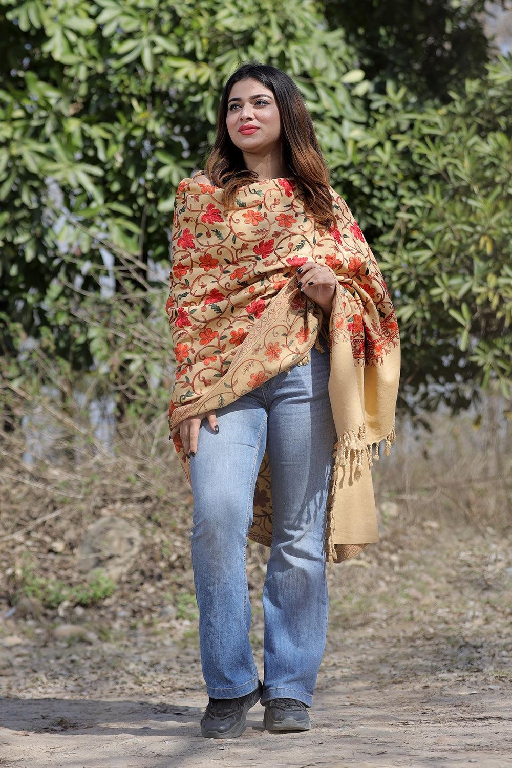 Beige Color Aari Work Embroidered Shawl Enriched