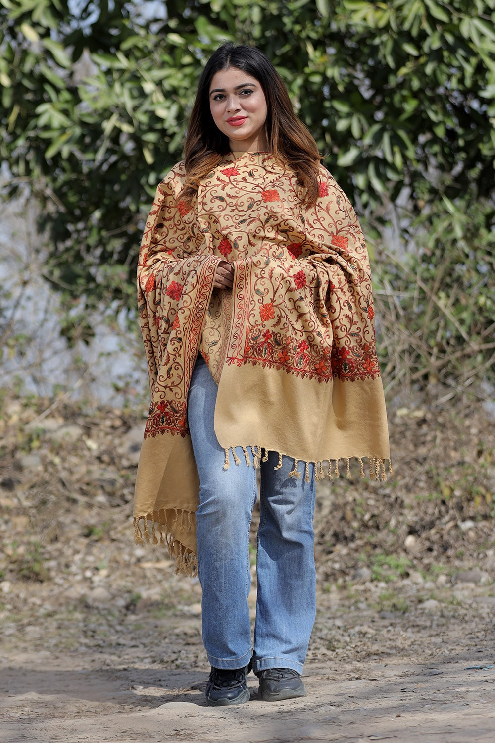 Beige Color Aari Work Embroidered Shawl Enriched