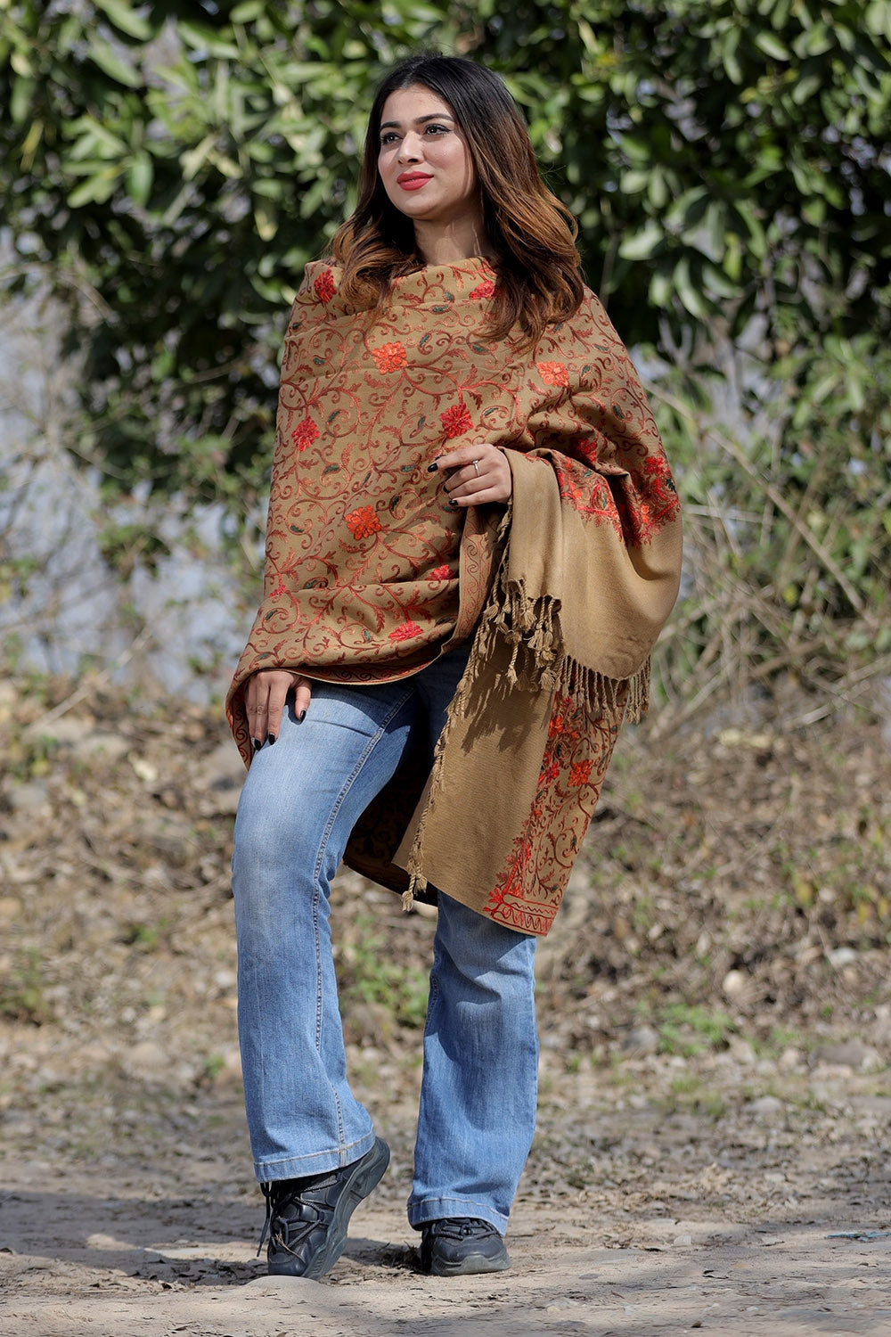 Beige Color Aari Work Embroidered Shawl Enriched