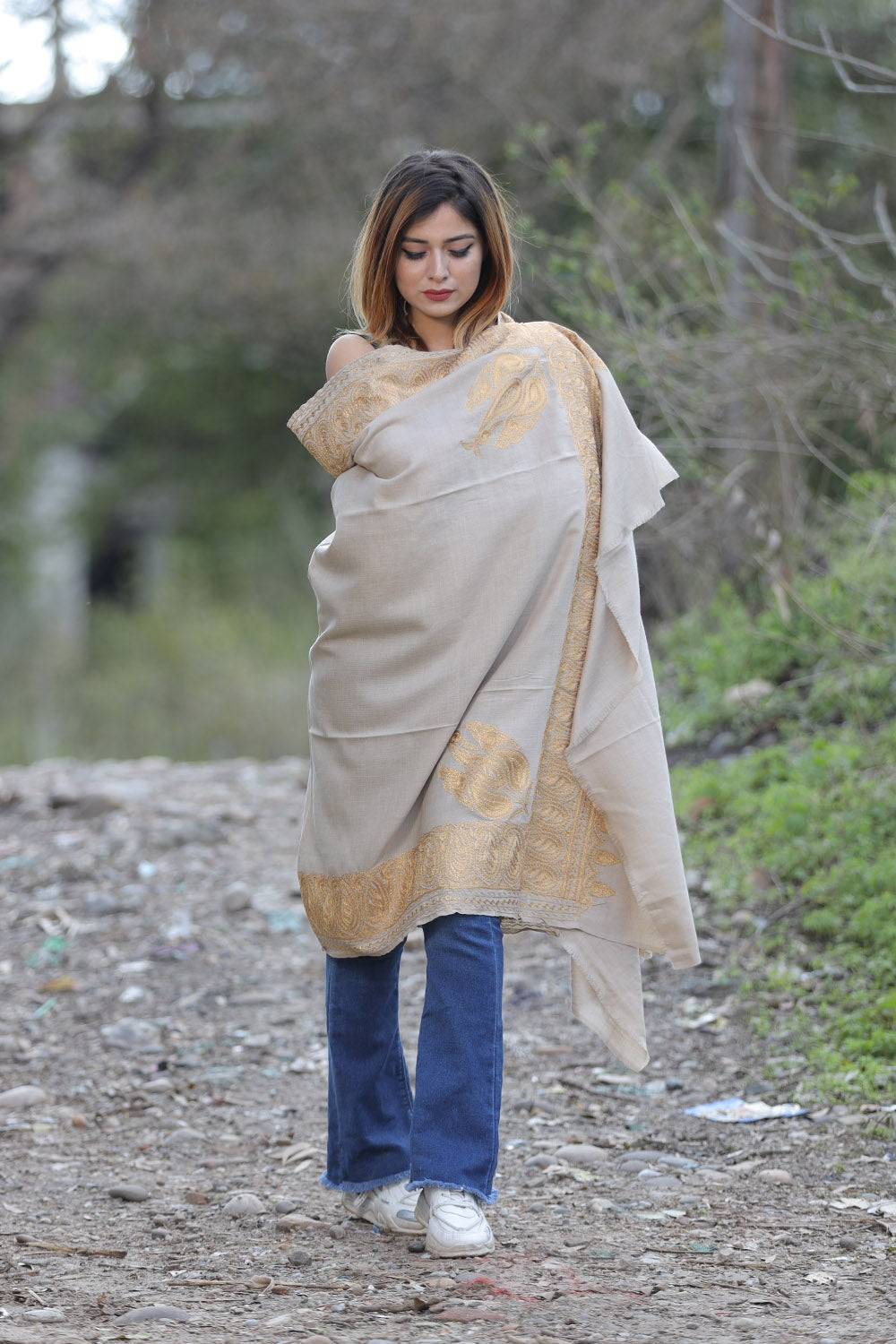 Beige Color Kashmiri Shawl With Tilla Work Gives A Trendy