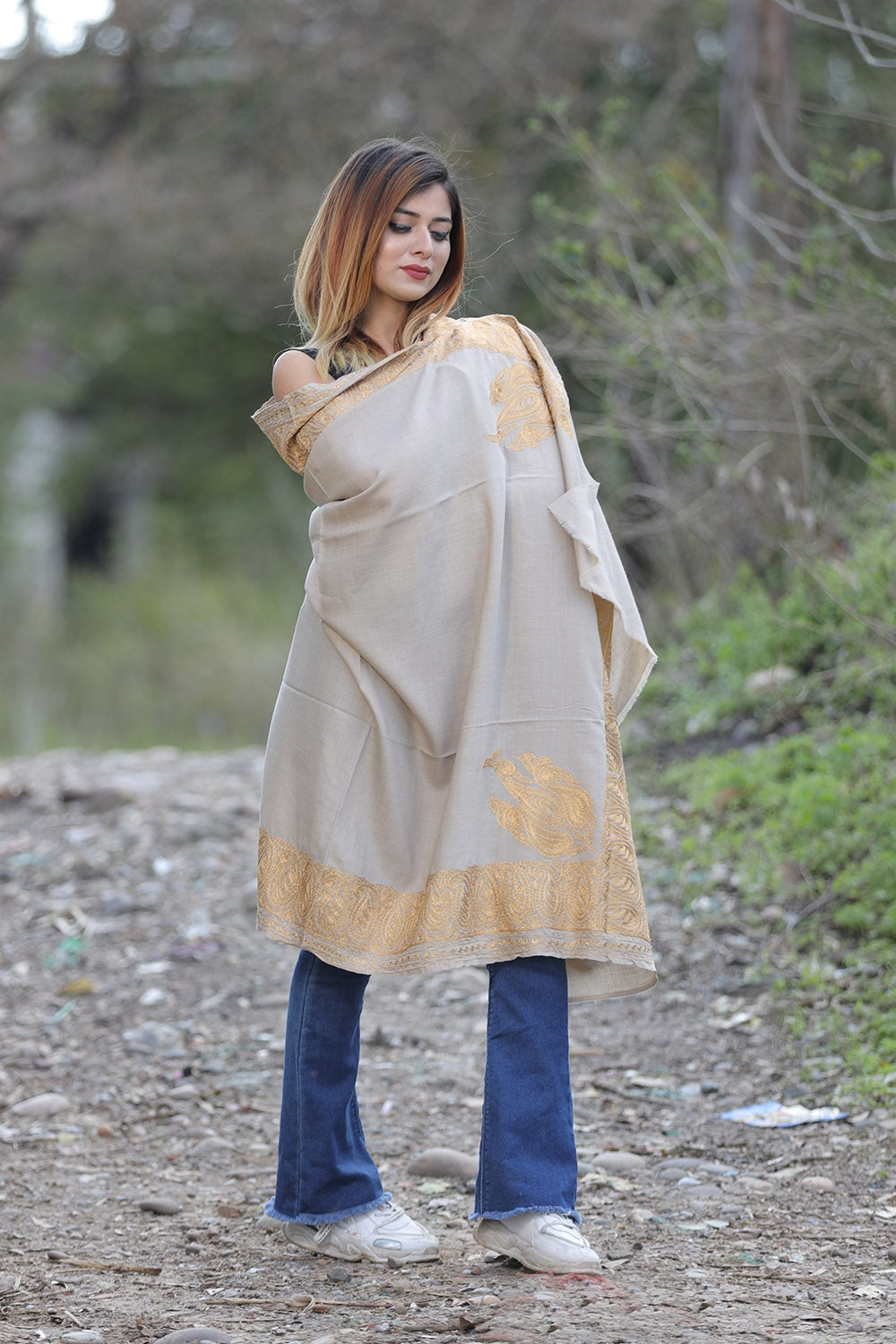 Beige Color Kashmiri Shawl With Tilla Work Gives A Trendy