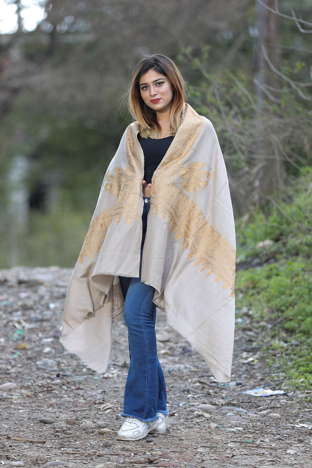 Beige Color Kashmiri Shawl With Tilla Work Gives A Trendy