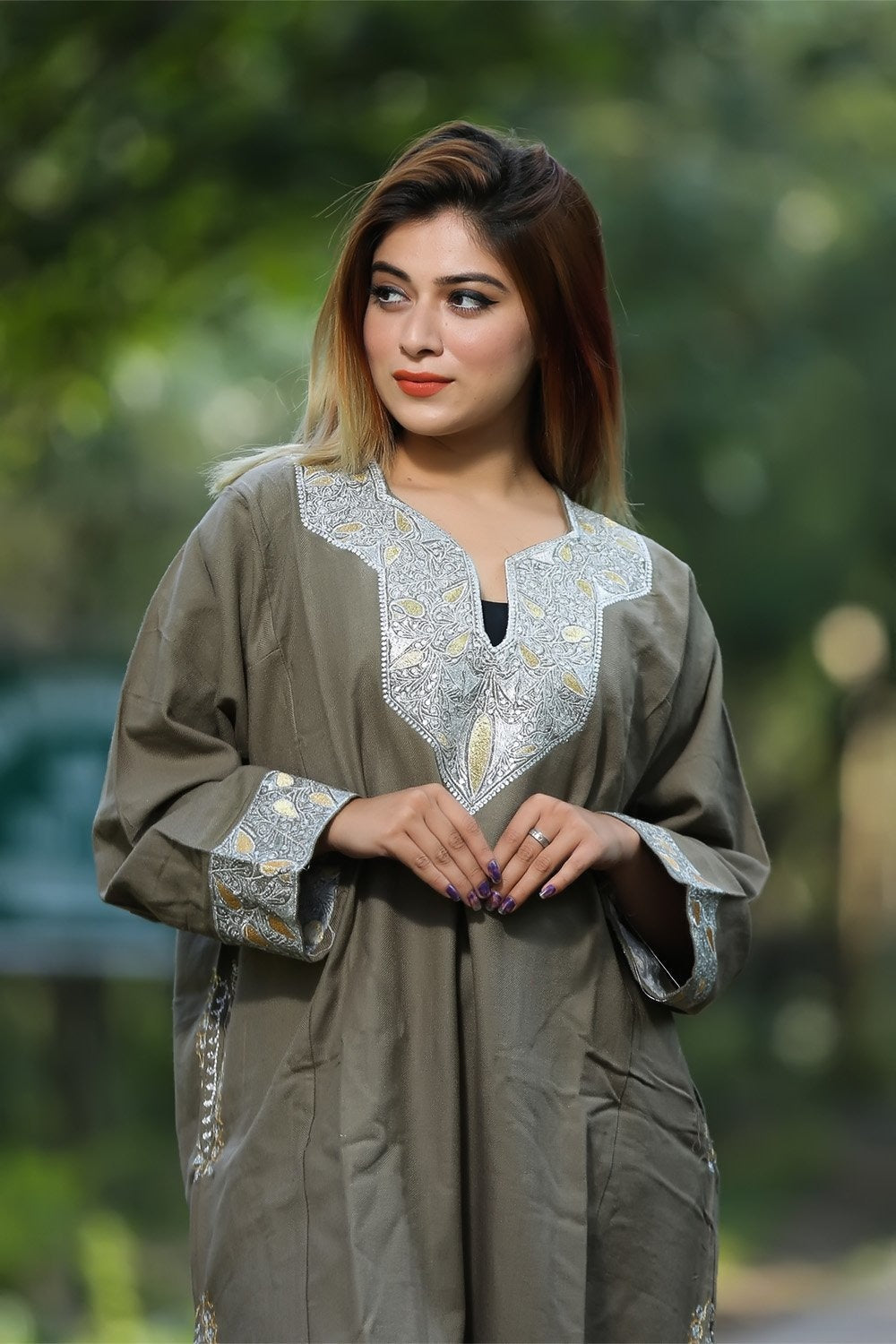 Beige Color Kashmiri Work Embroidered Phiran Enriched With