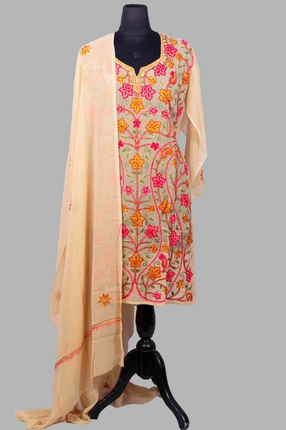 Beige Colour Aari Work Neck Kurti With Thread Embroidery