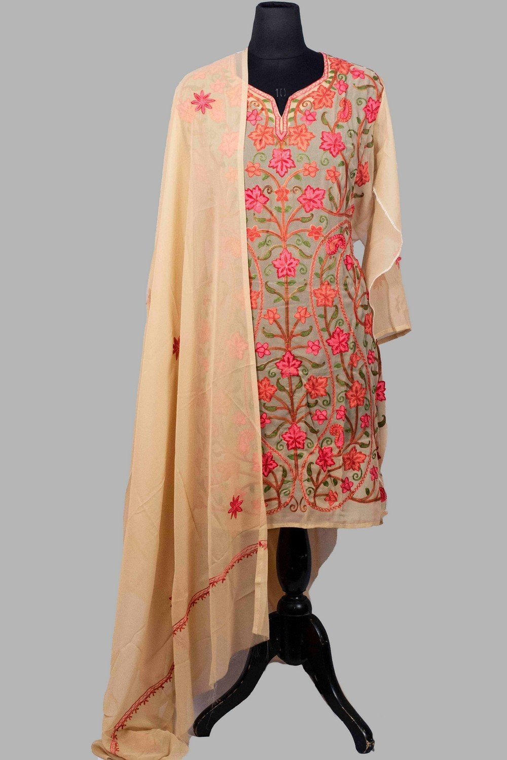 Beige Colour Aari Work Neck Kurti With Thread Embroidery