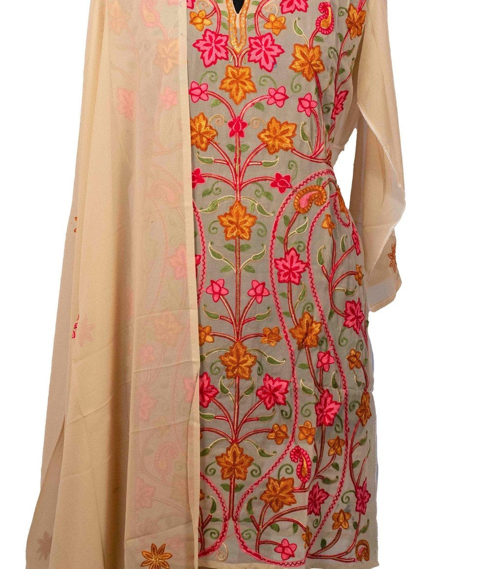 Beige Colour Aari Work Neck Kurti With Thread Embroidery