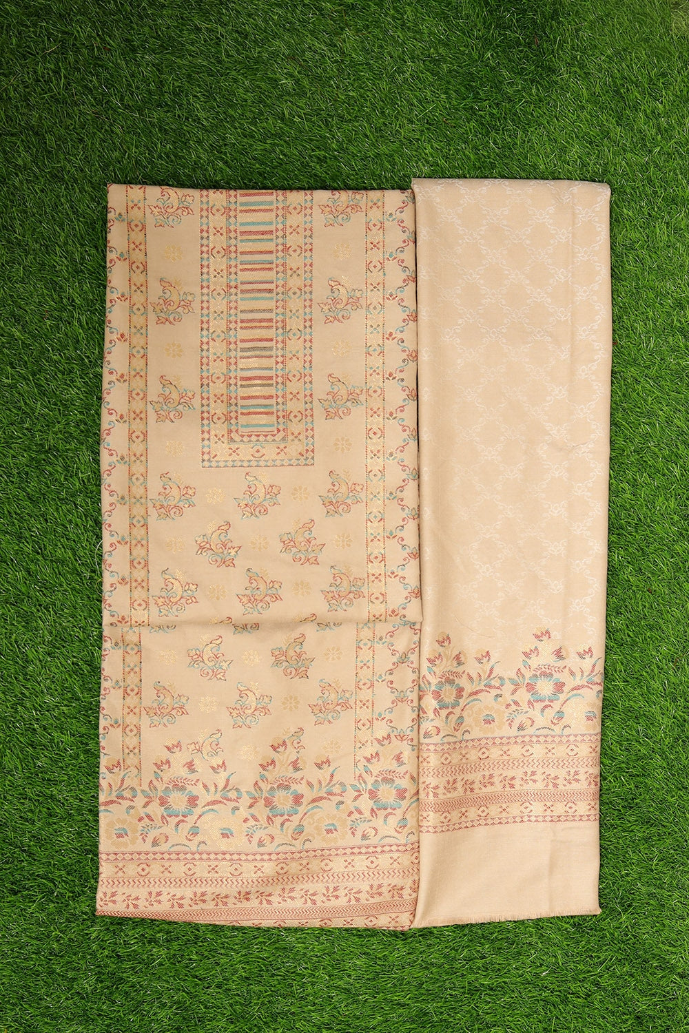 Beige Colour Cotton Zari Kani Stole Suit With Self Woven