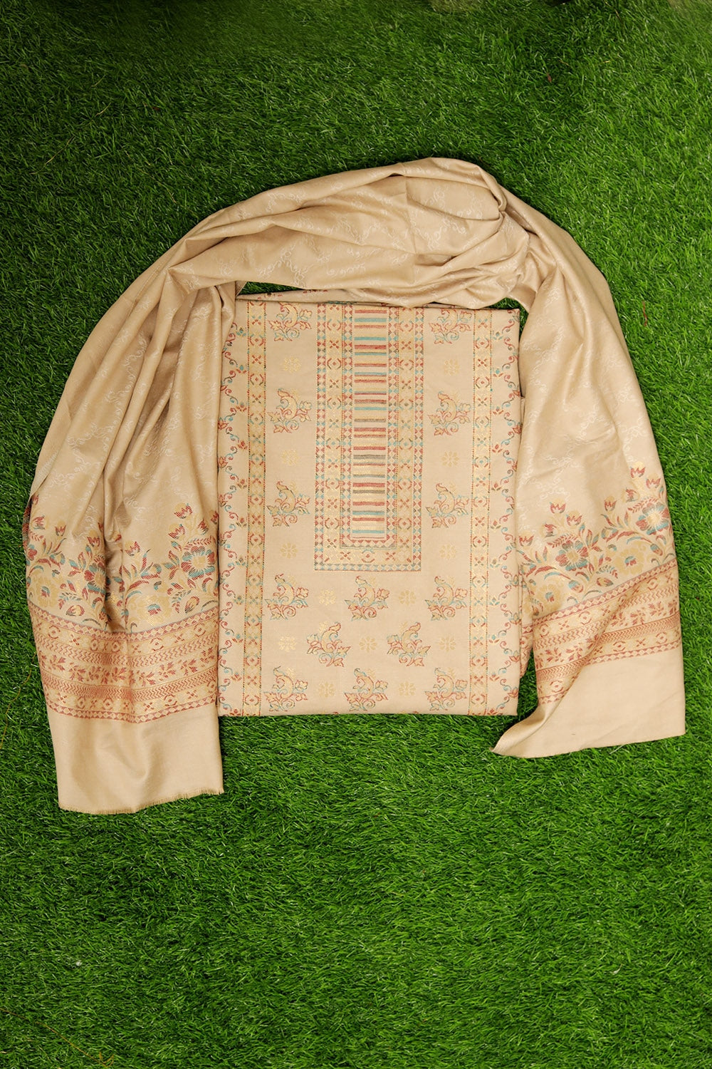 Beige Colour Cotton Zari Kani Stole Suit With Self Woven