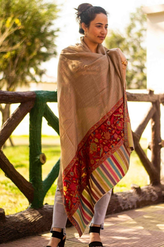 Beige Colour Kani Shawl With Style Bold And Dense Border