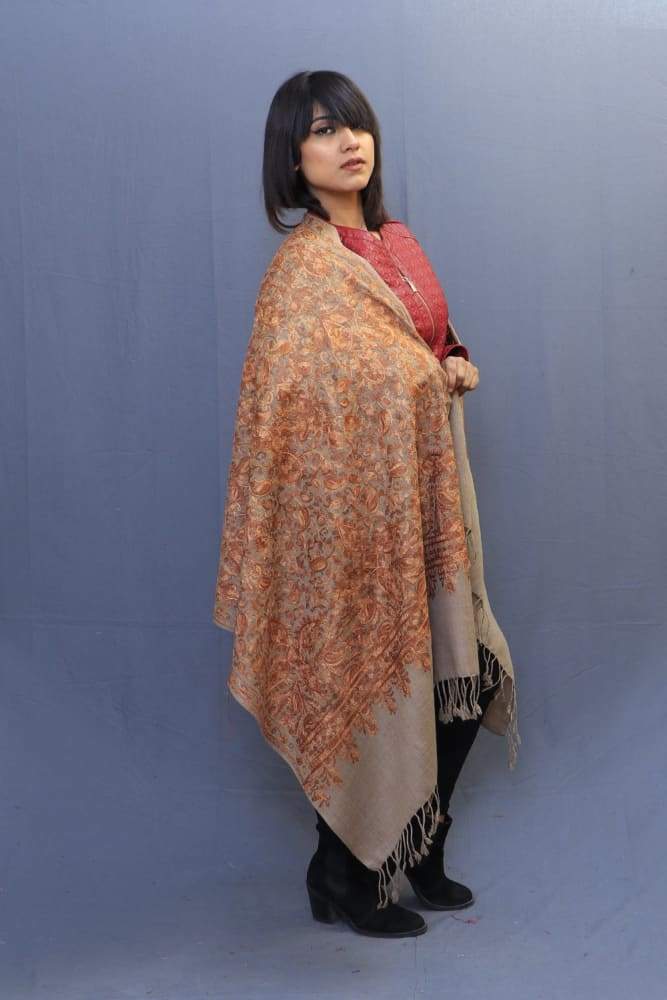 Beige Colour Stole With Kashmiri Embroidery Compliments