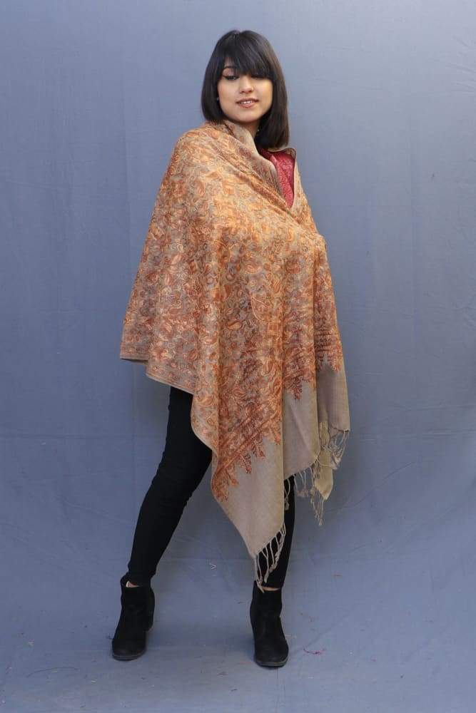 Beige Colour Stole With Kashmiri Embroidery Compliments