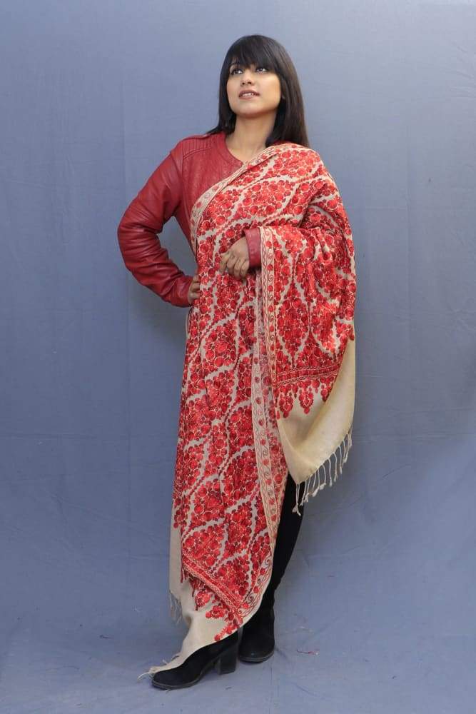 Beige Colour Stole With Kashmiri Embroidery Compliments