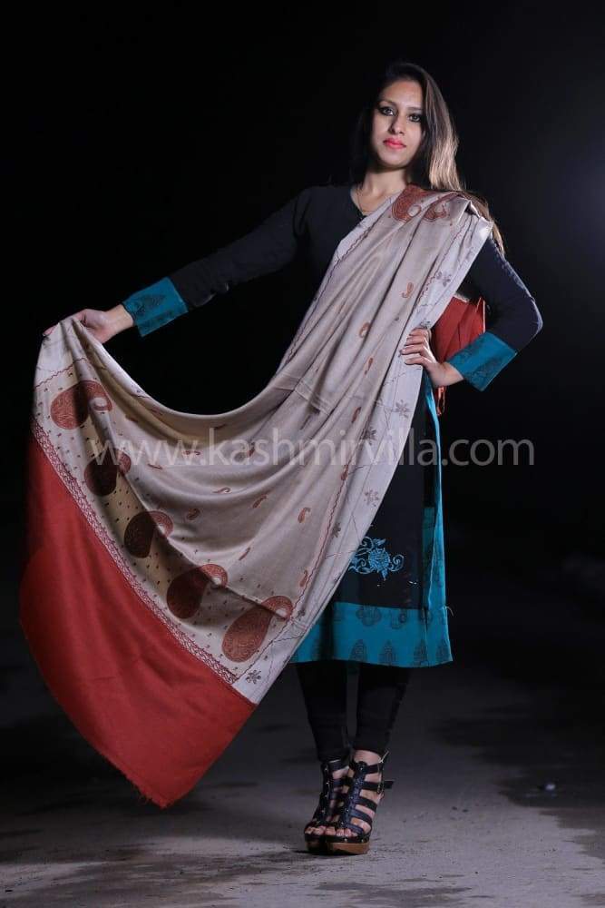 Beige Maroon Colour Shawls Enriched With Designer Embroidery