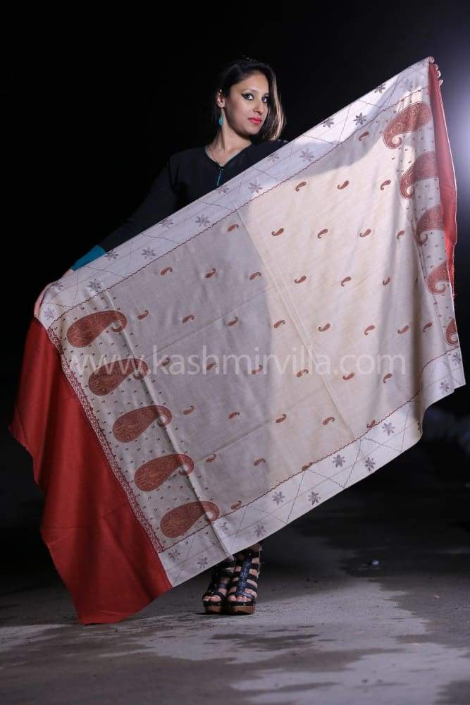 Beige Maroon Colour Shawls Enriched With Designer Embroidery