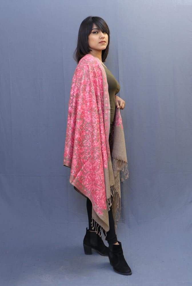 Beige Pink Colour Stole With Kashmiri Embroidery Compliments
