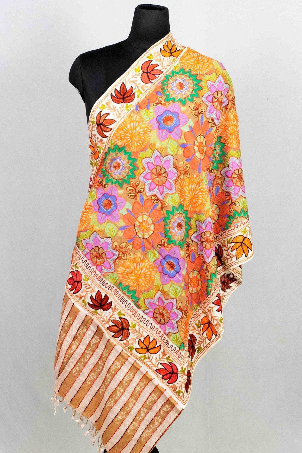 Beige & White Pastel Multicolor Aari Work Embroidered Stole