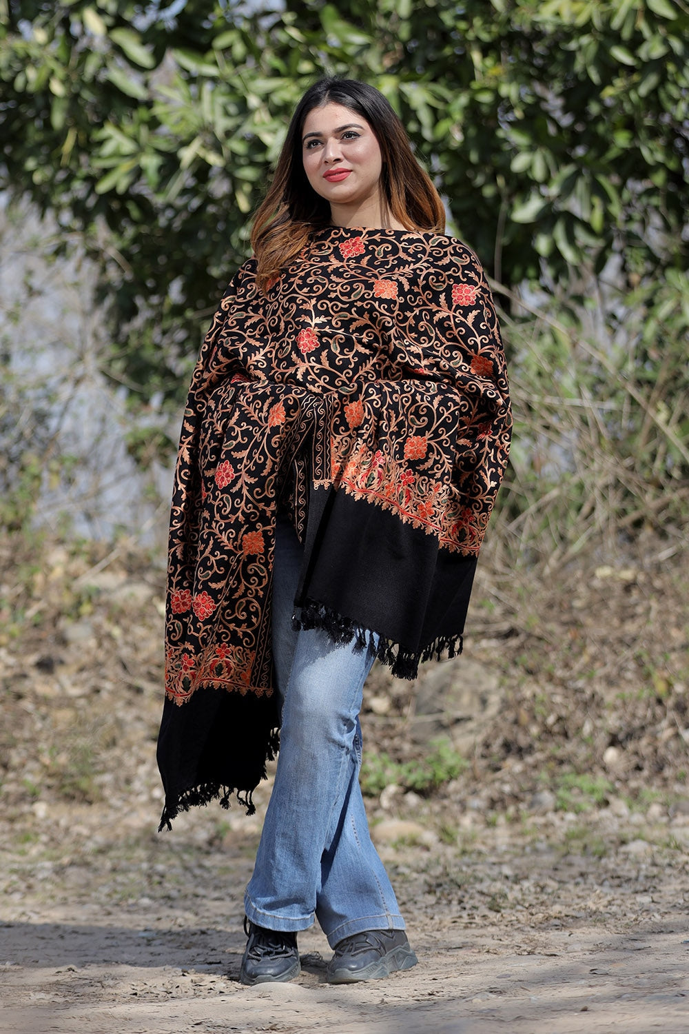 Black Color Aari Work Embroidered Shawl Enriched