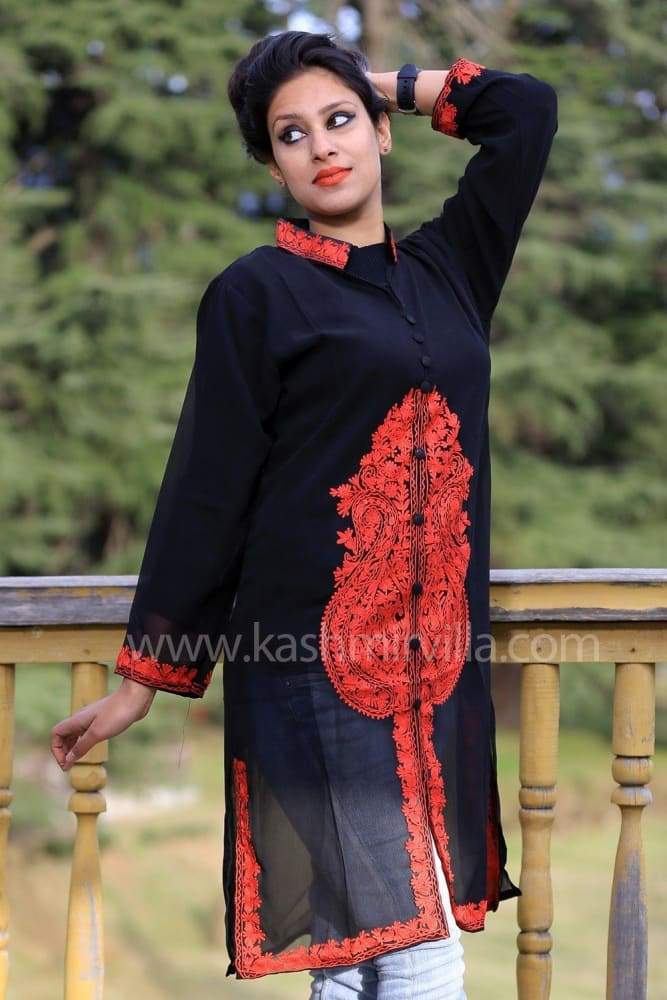Black Color Kashmiri Aari Work Embroidered Tunics Enriched