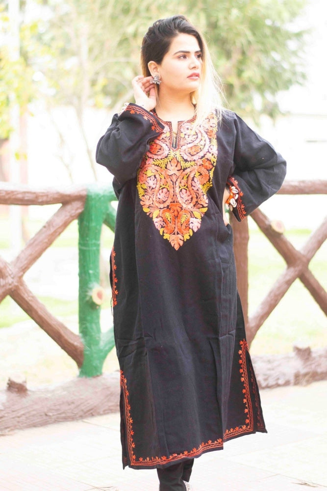 Black Color Kashmiri Work Embroidered Phiran Enriched