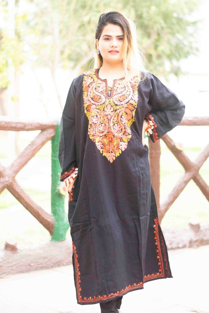 Black Color Kashmiri Work Embroidered Phiran Enriched