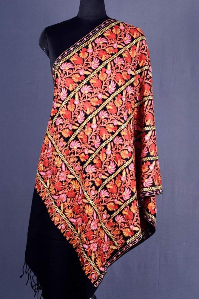 Black Color Kashmiri Work Embroidered Stole Enriched