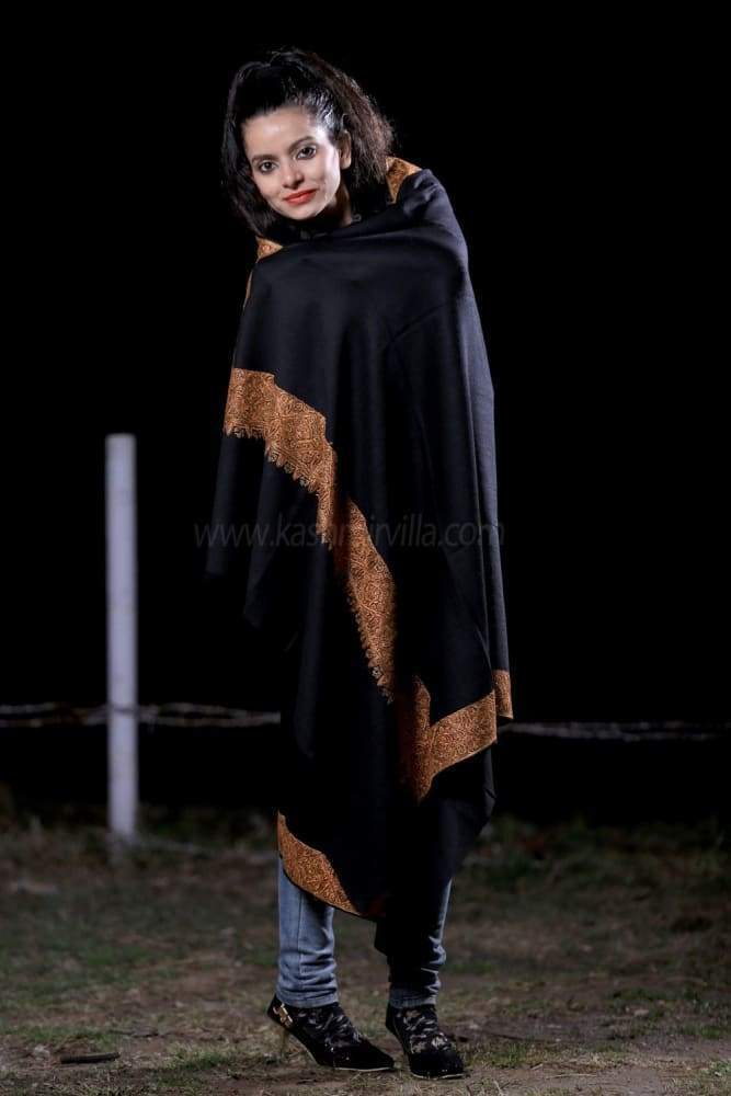 Black Color Sozni Work Embroidered Shawl Enriched With Four