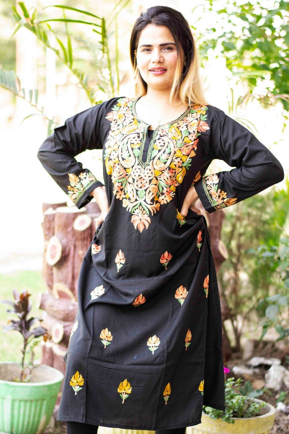 Black Colour Cotton Kurti With Beautiful Aari Embroidery