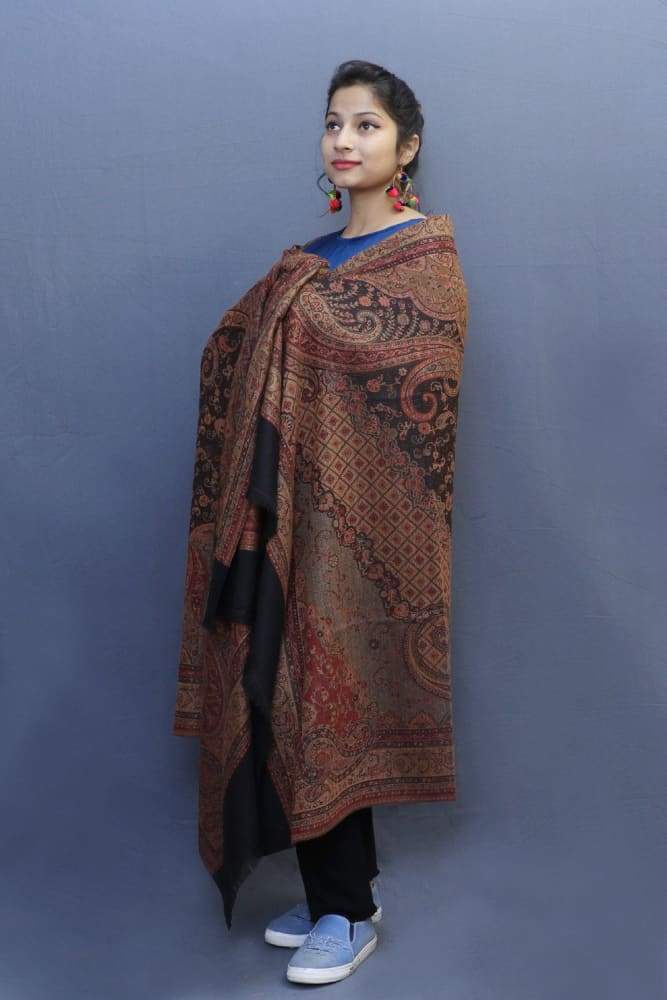 Black Colour Jamawar Shawl With Highly Defined Borders