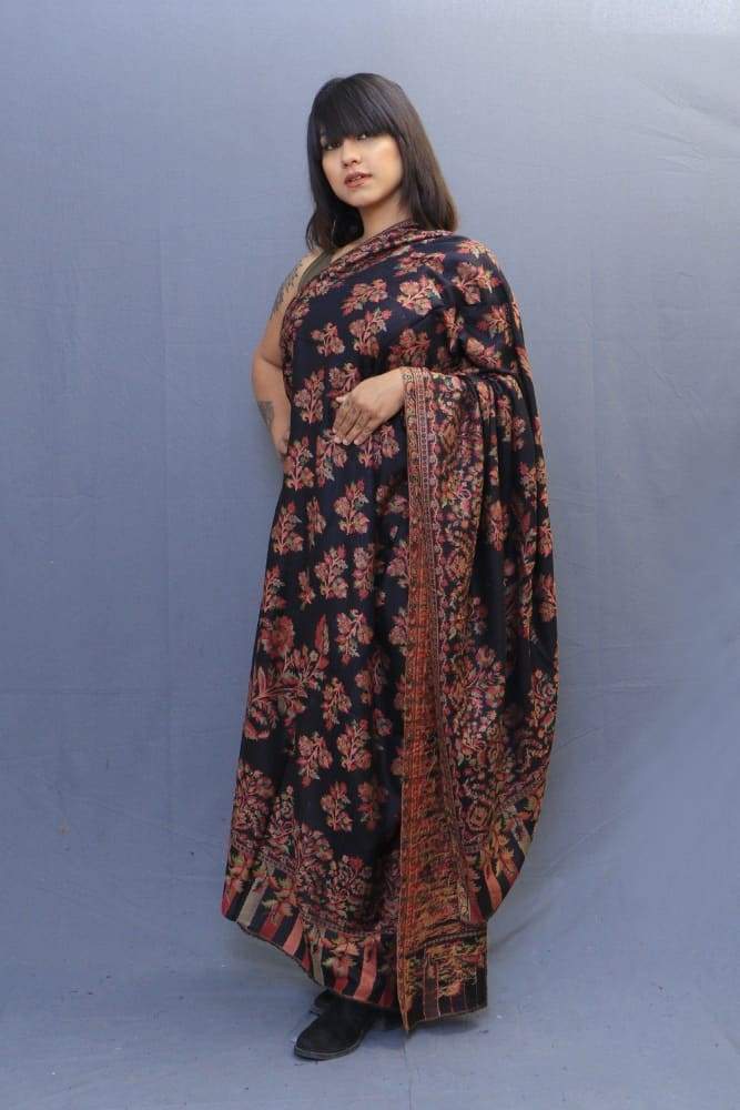 Black Colour Kani Shawl With All Over Bold And Dense Motifs