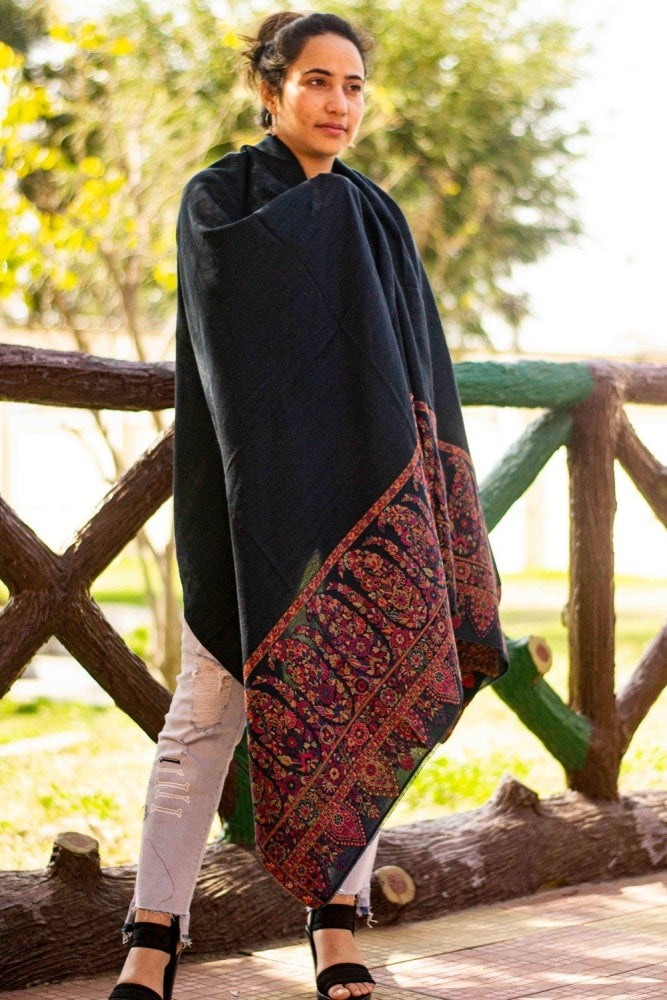 Black Colour Kani Shawl With Style Bold And Dense Border