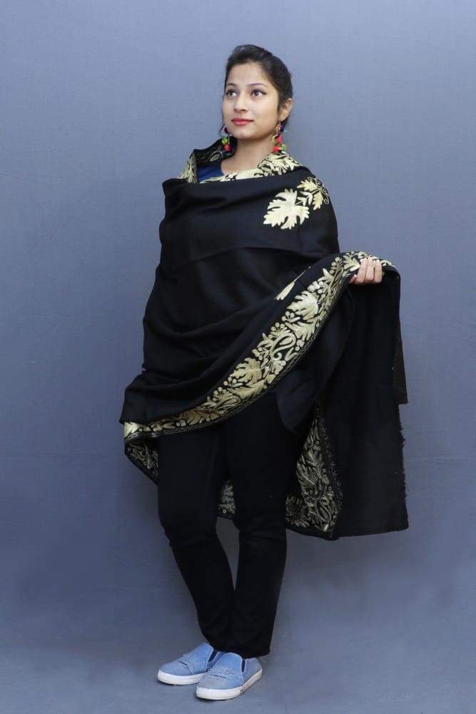 Black Colour Semi Pashmina Shawl Enriched With Ethnic Tilla