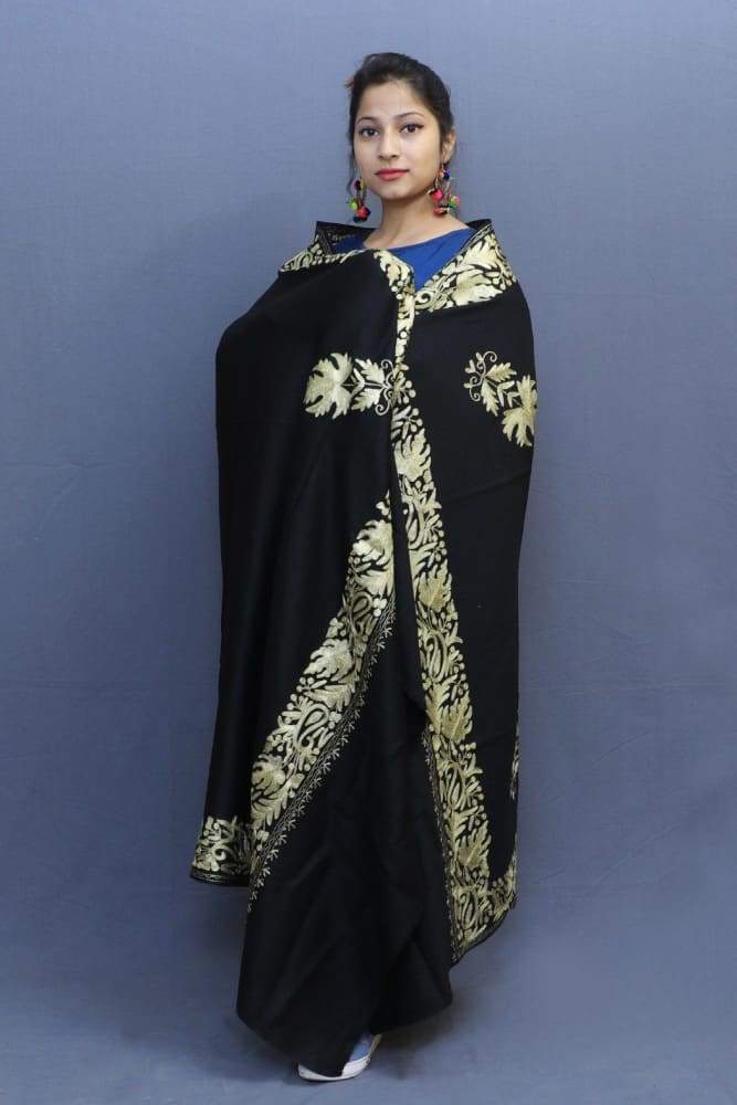 Black Colour Semi Pashmina Shawl Enriched With Ethnic Tilla