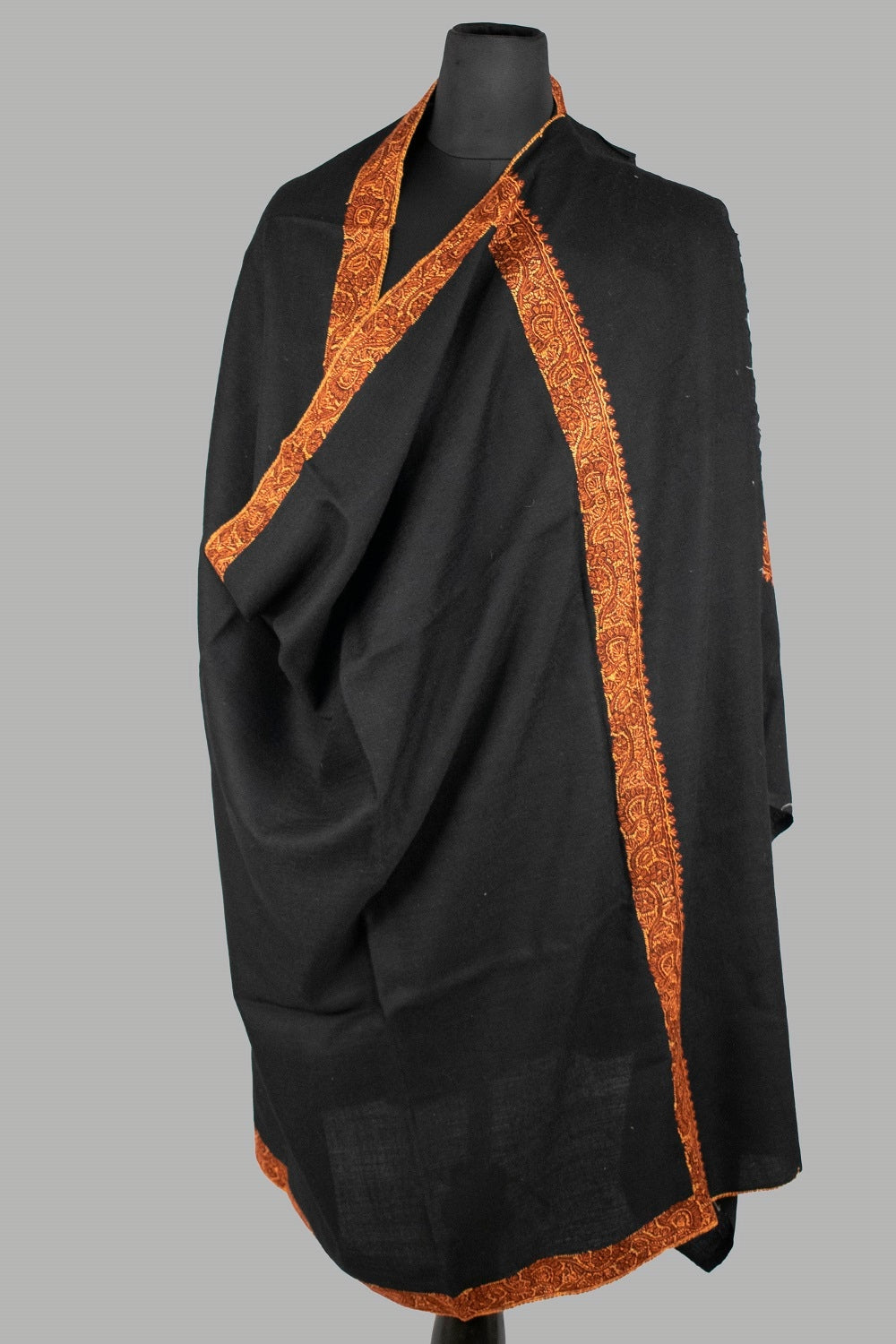 Black Colour Sozni Work Handwoven Shawl On Semi Pashmina
