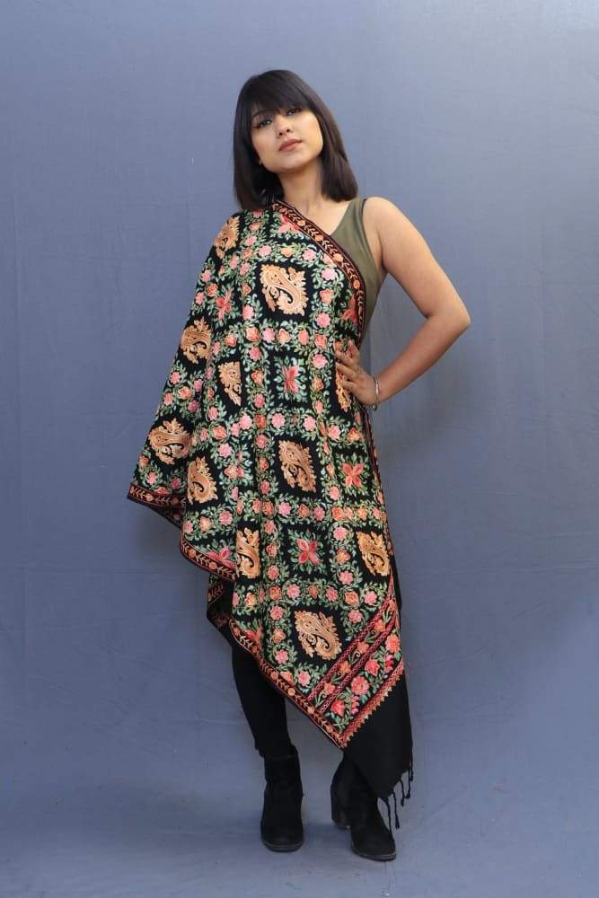 Black Colour Stole With Kashmiri Embroidery Compliments