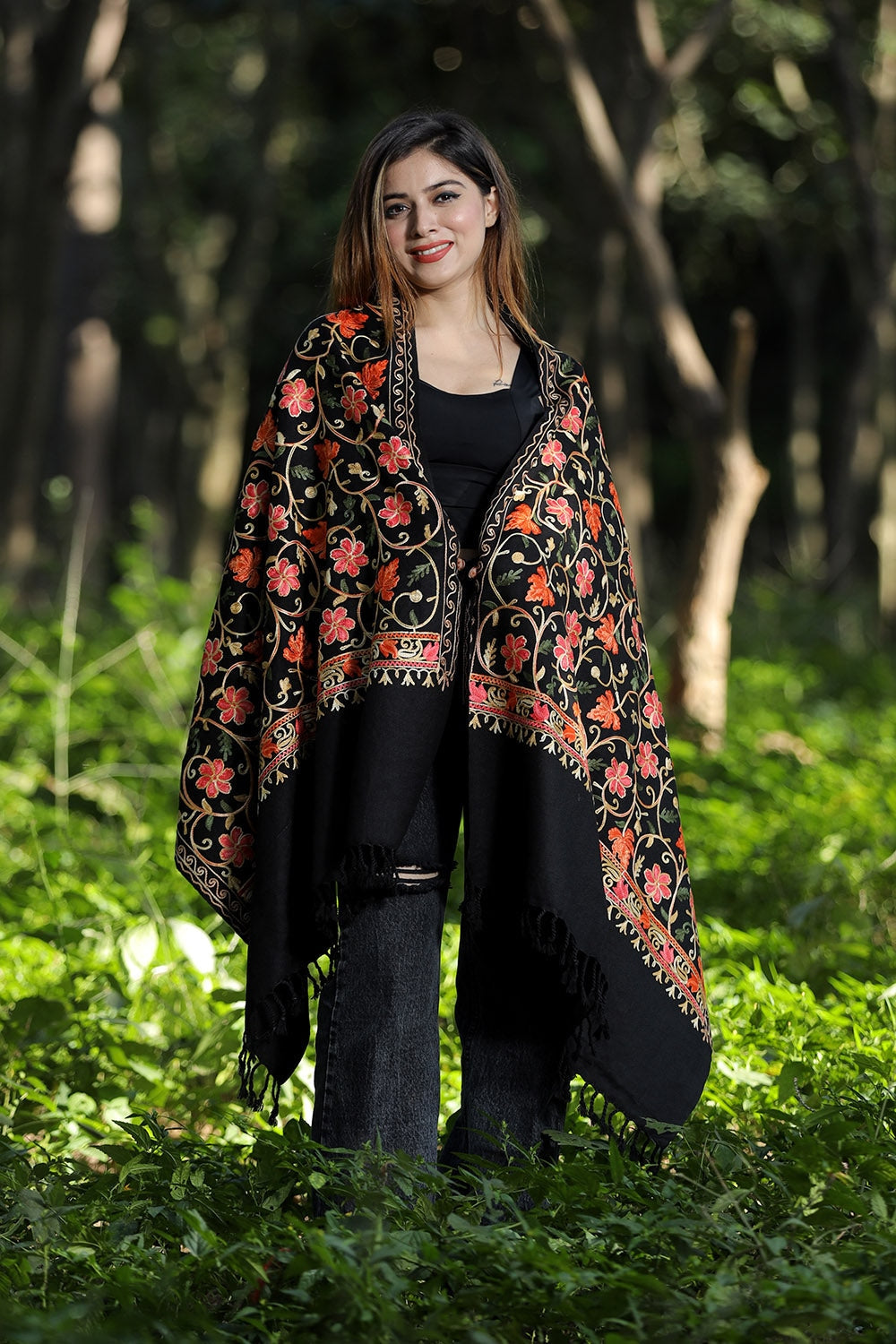 Black Colour Wolen Base With Rich All Over Kashmiri Jaal