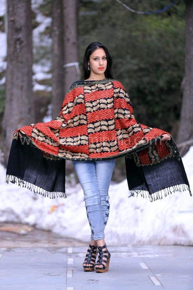Black Colour Wool Aari Work Stole With Multi Designer