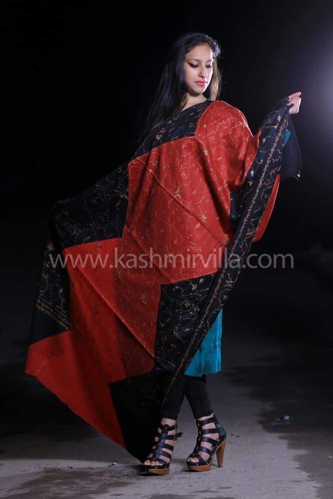 Black Red Color Kashmiri Work Embroidered Shawl Enriched