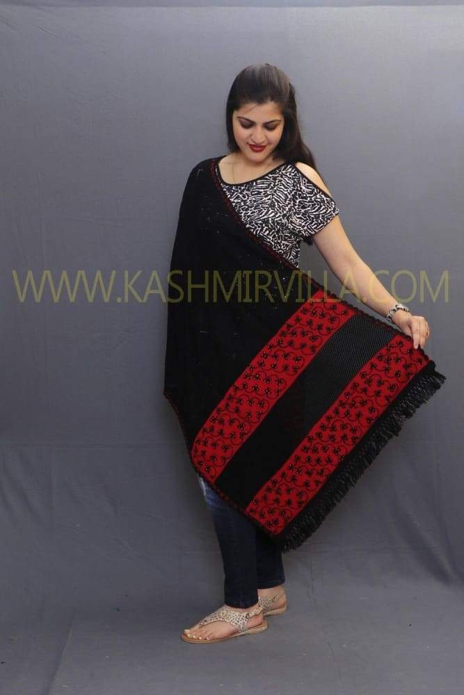 Black Red Colour Shawls Enriched With Designer Embroidery