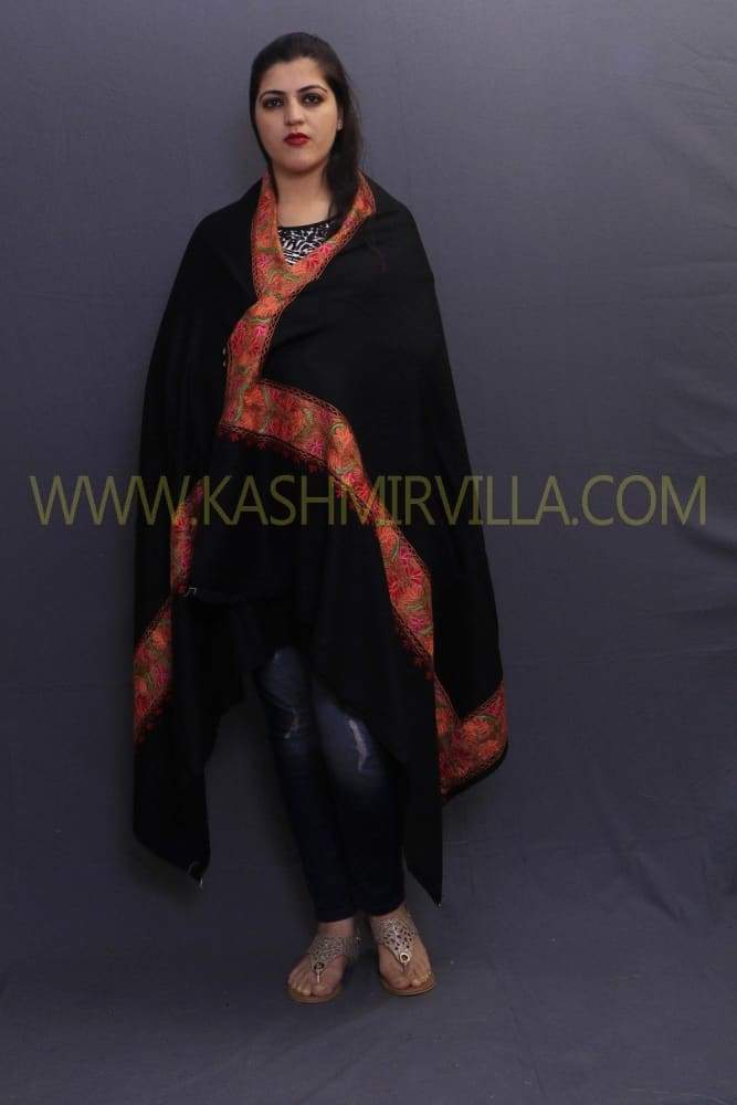 Black Sozni Work Kashmiri Handwoven Shawl On Semi Pashmina