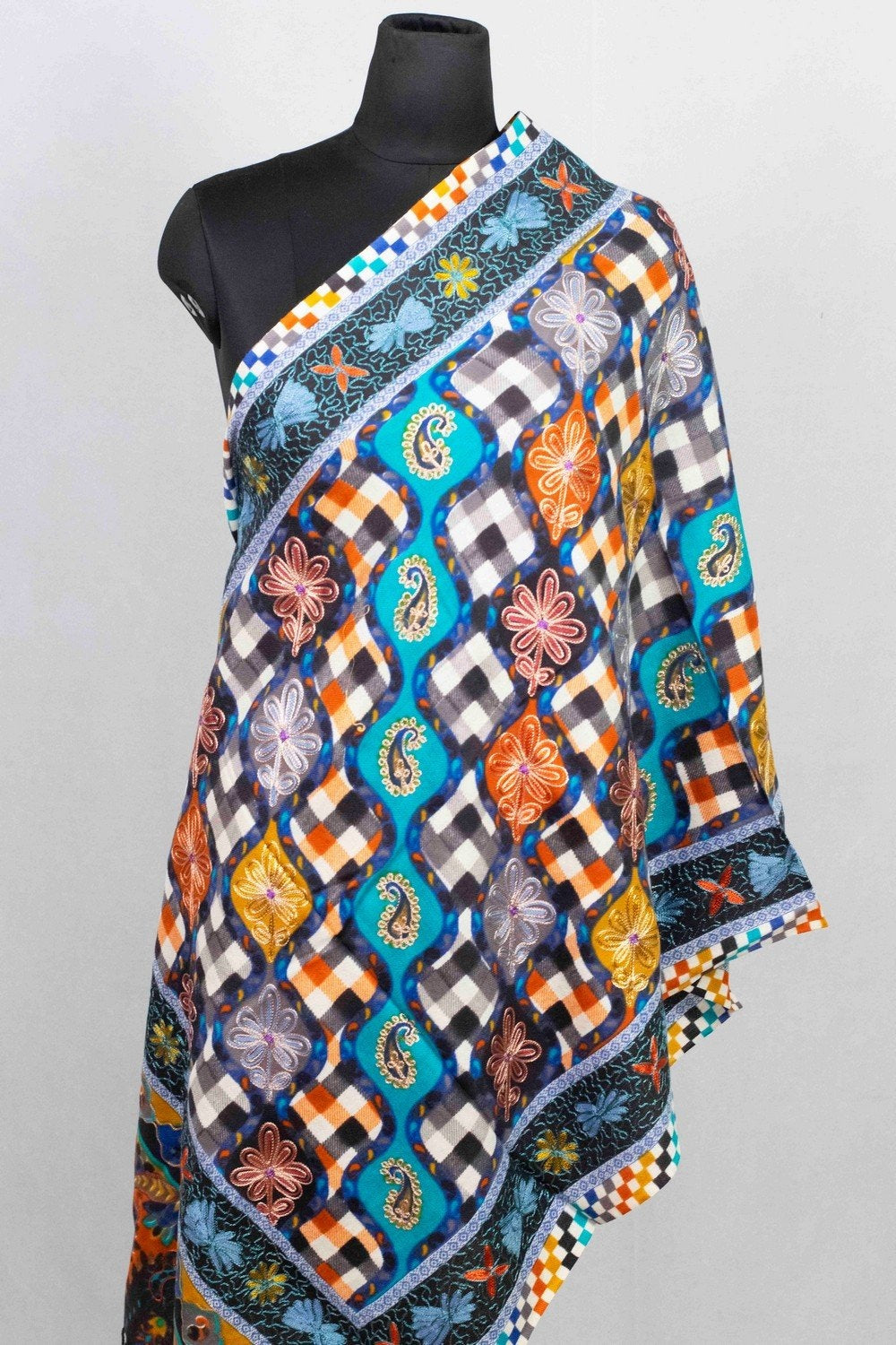 Blue & Black Multicolor Aari Work Embroidered Stole Enriched