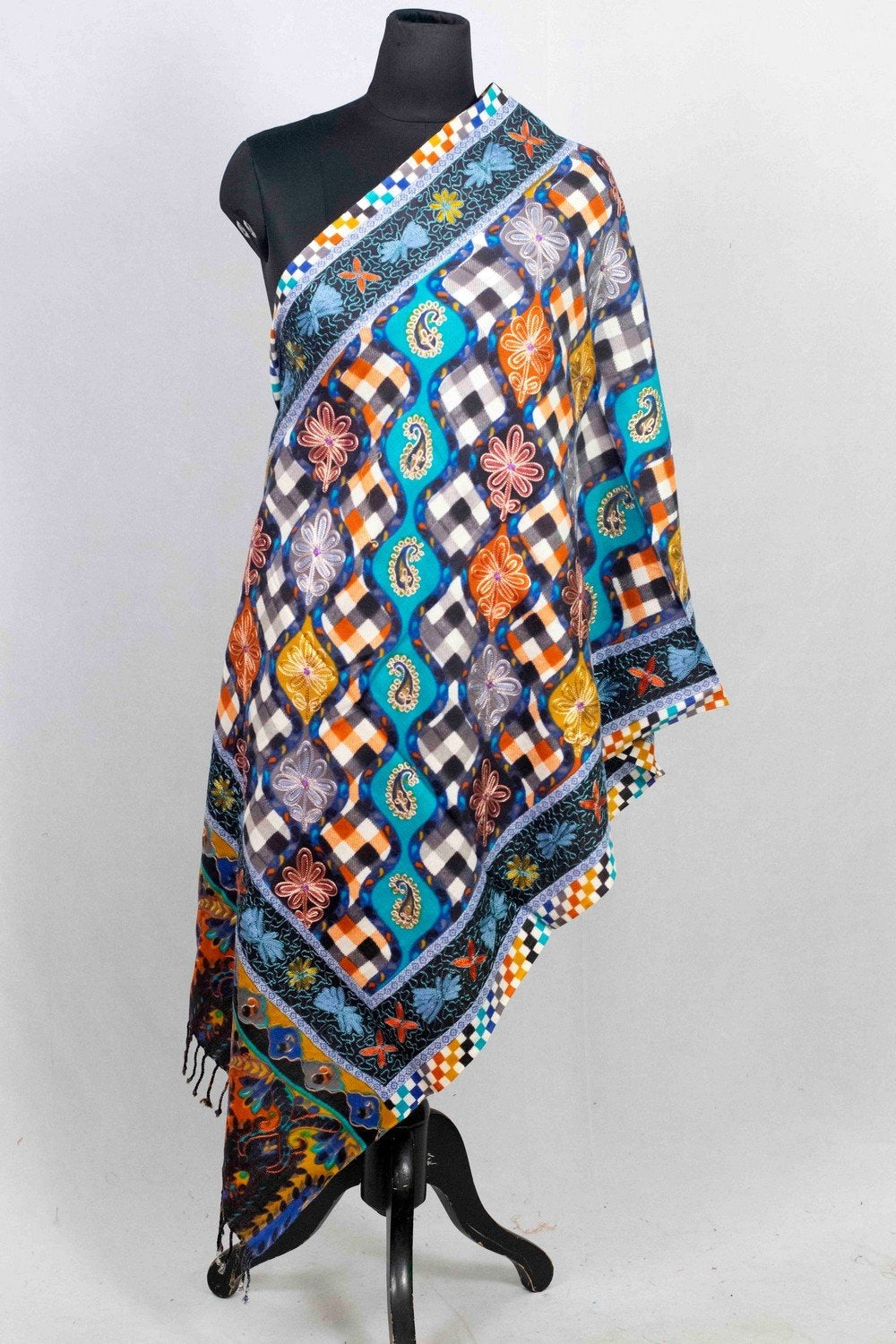 Blue & Black Multicolor Aari Work Embroidered Stole Enriched