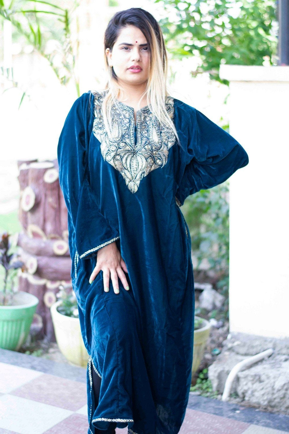 Blue Color Kashmiri Tilla Work Embroidered Velvet Phiran