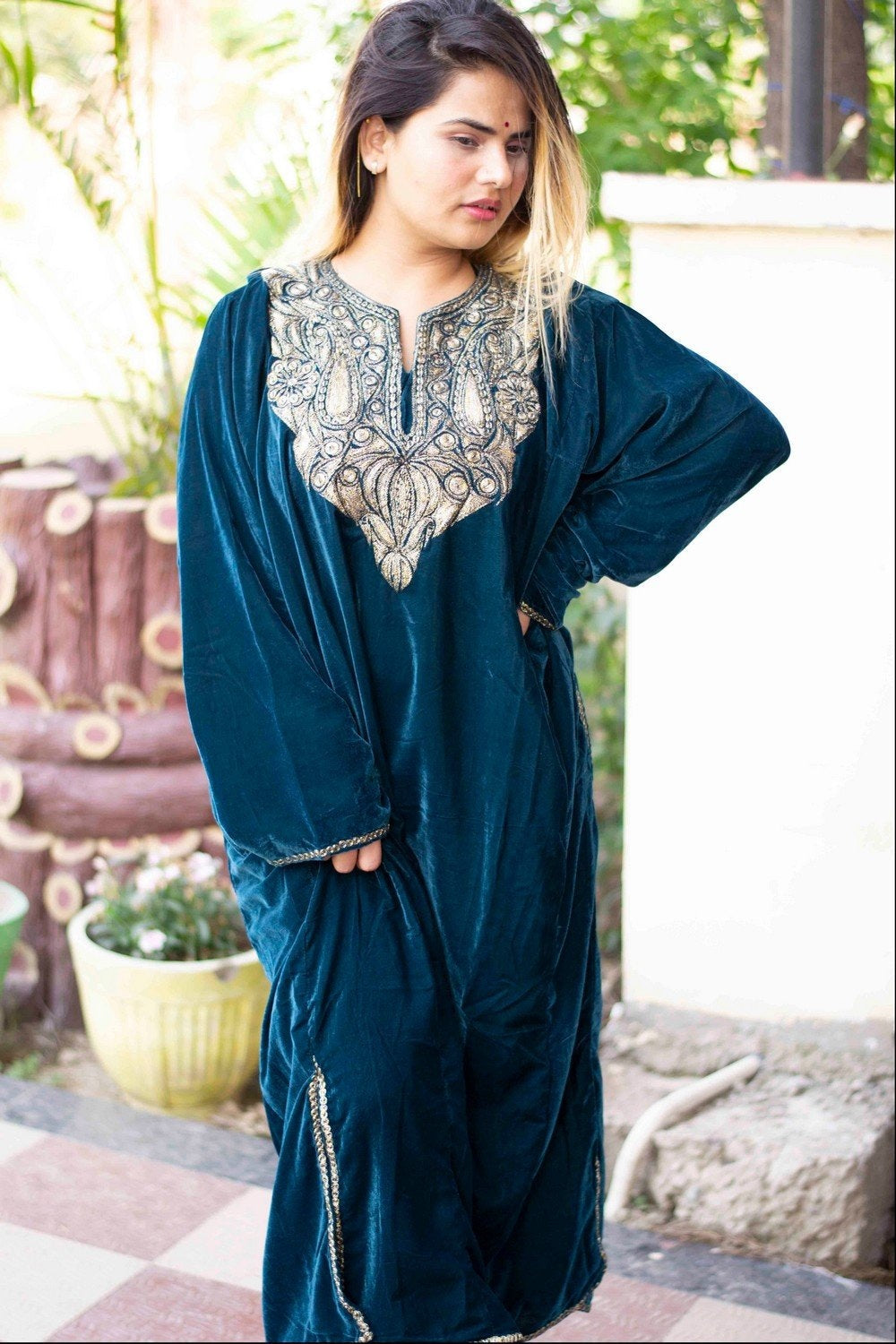 Blue Color Kashmiri Tilla Work Embroidered Velvet Phiran