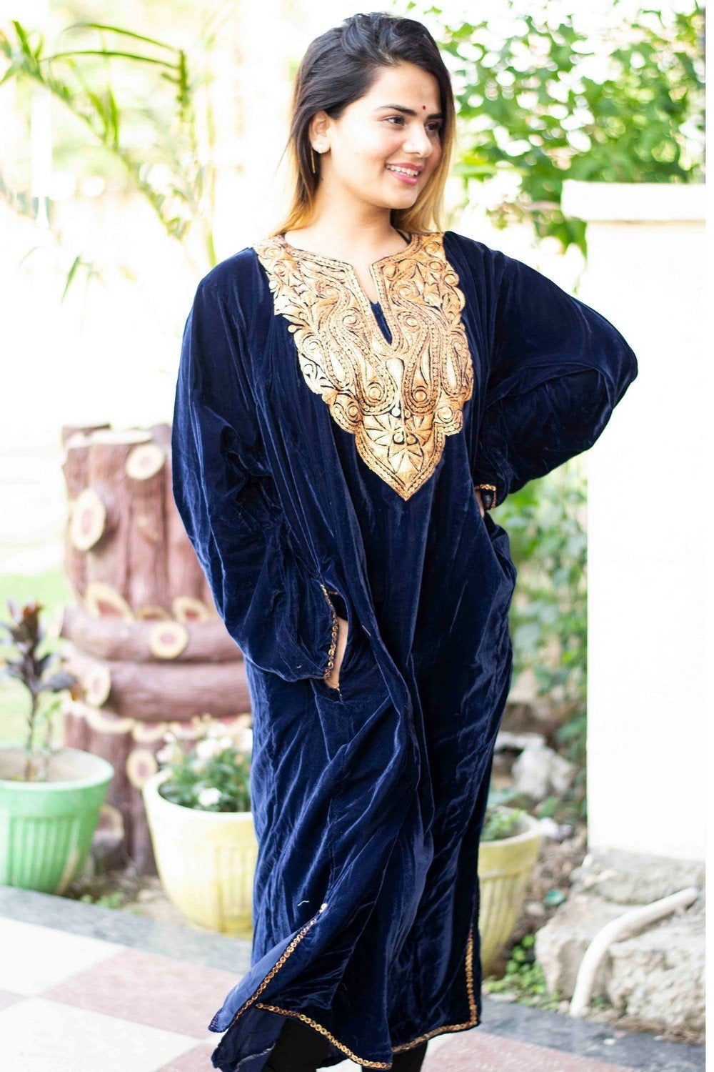 Blue Color Kashmiri Tilla Work Embroidered Velvet Phiran