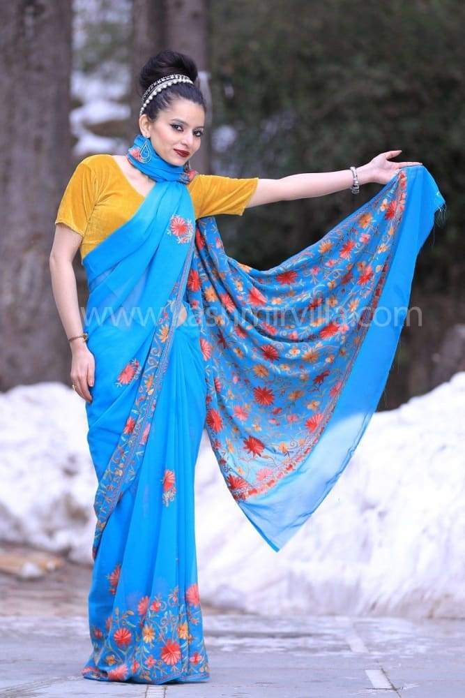 Blue Color Kashmiri Work Embroidered Saree Enriched
